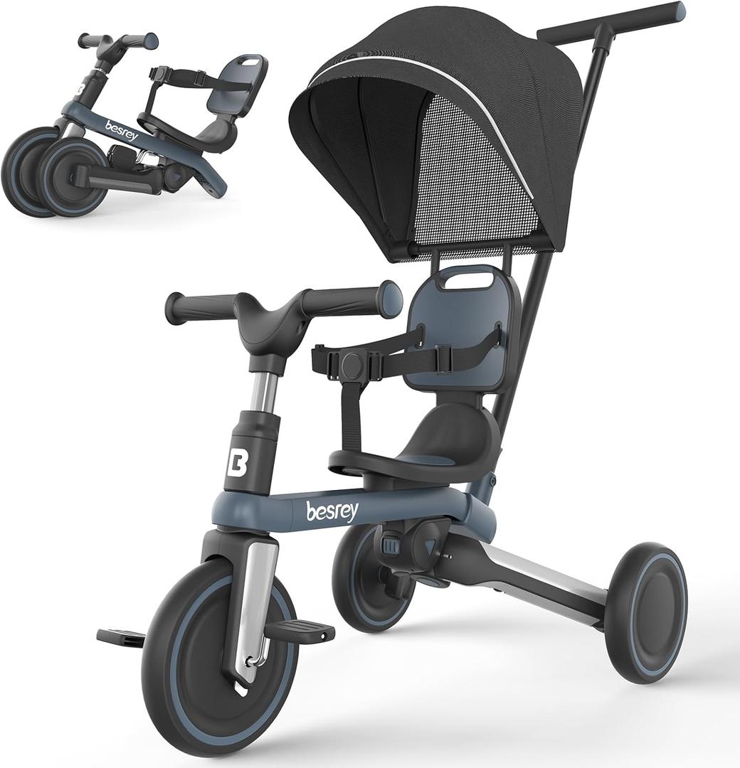 besrey Tricycle for Toddlers 1-3, Toddler Bike, Birthday Gifts and Toys for Boys and Girls, Toddler Tricycle with Push Handle and Canopy, 7 in 1 Baby Trike, Balance Bike(Updated Version 2.0 Dark gray) (New Version Dark Grey)
