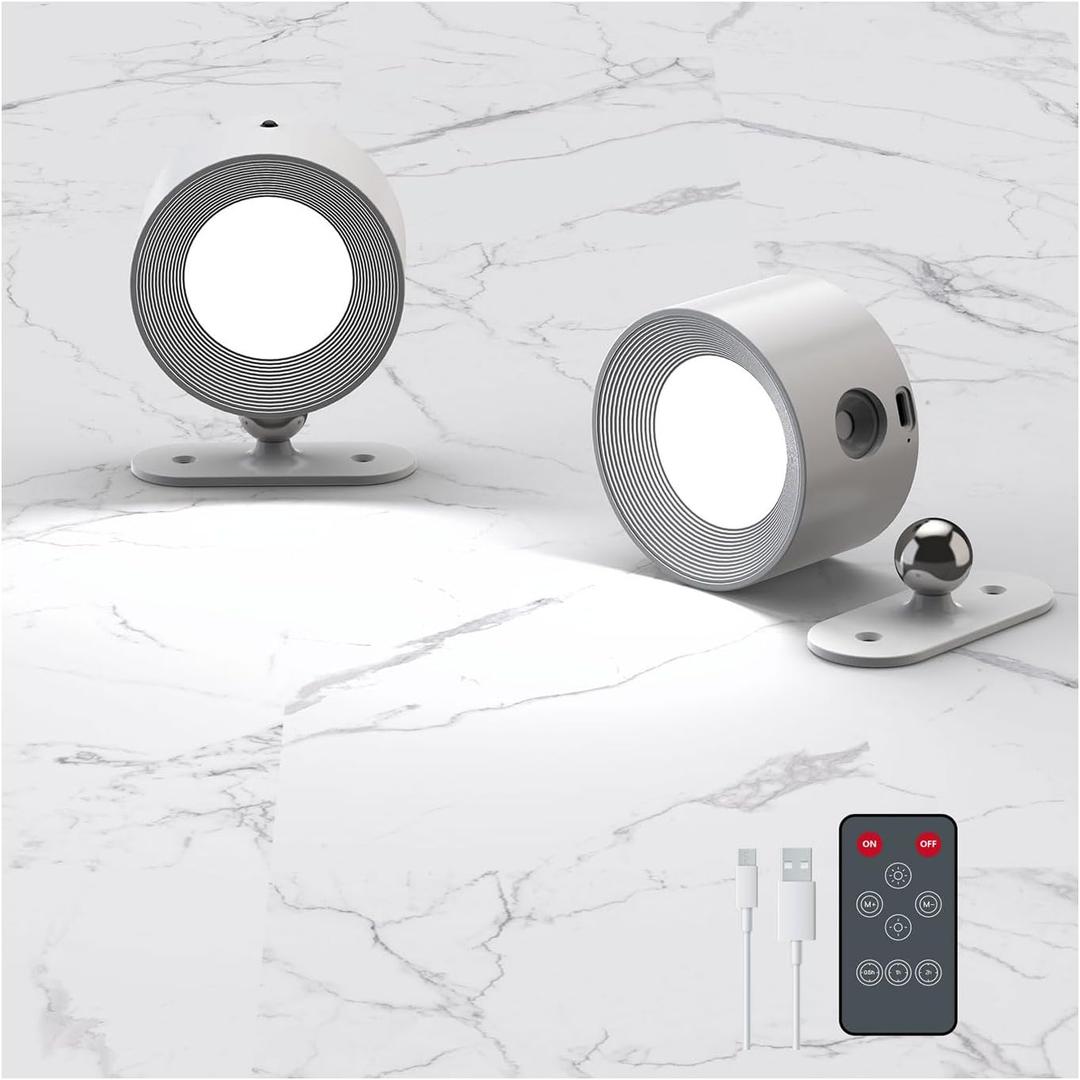 Deyagoo 2PACK Romote LED Wall Sconce - Rechargeable Wall Light, 3 Colors & 3 Brightness Levels, 360? Magnetic Rotating Head, Bedside Reading Lamp, Easy Install Battery Operated Lamp White