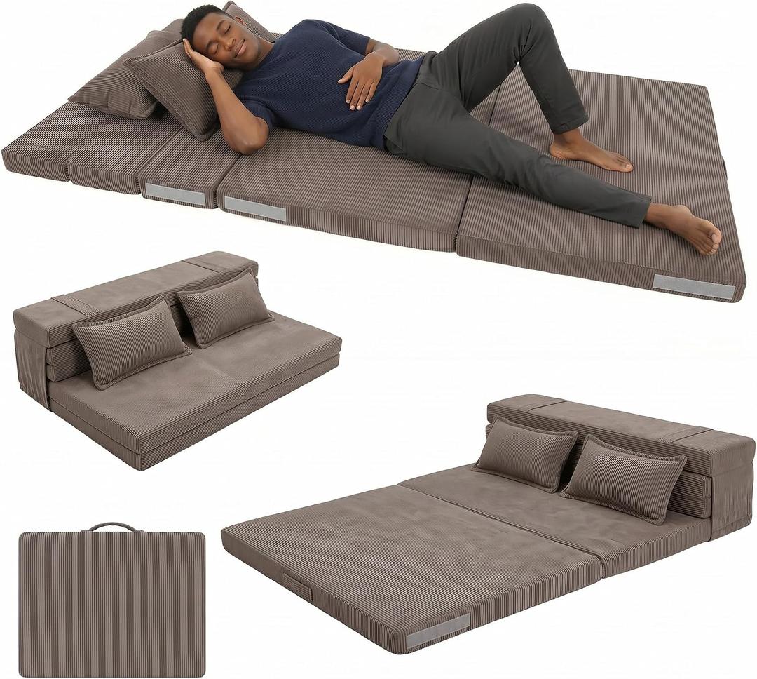 Tri-Fold Futon Mattress,Foldable Japanese Floor Sleep Mattress,High-Density Foam Tatami Bed Mat with Corduroy Cover,Floor Bed for Guest Room,Guest Bed&Flexible Living (Espresso Brown,Full)