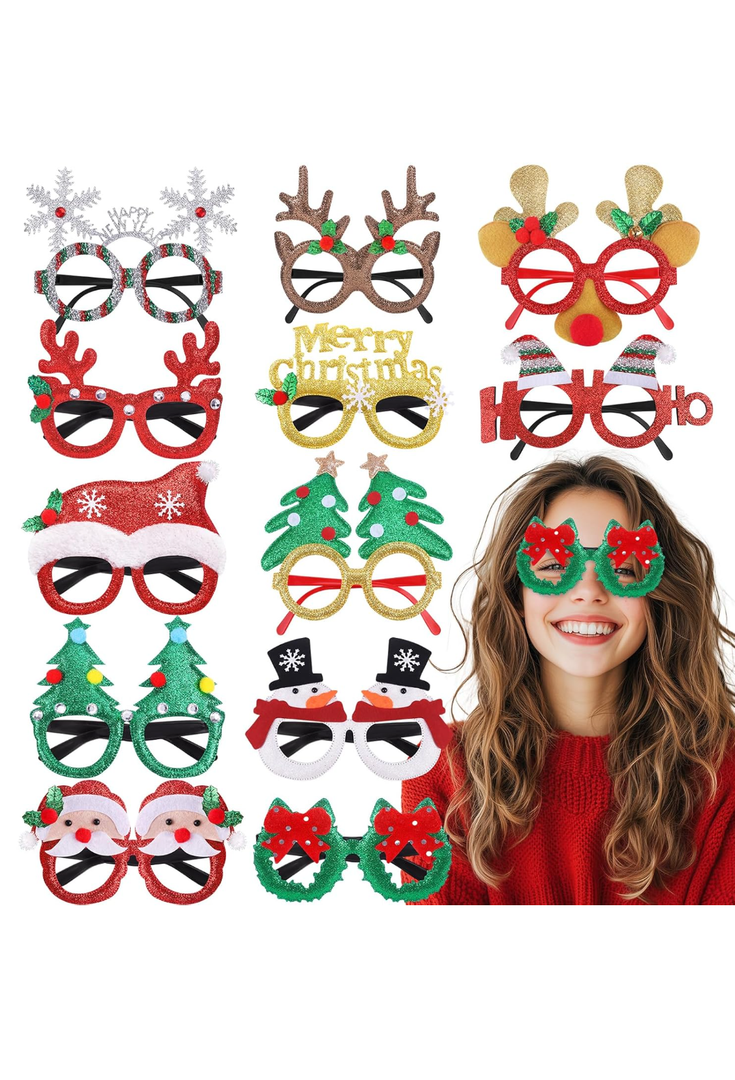 12Pcs Christmas Glasses Glitter Party Decorations Glasses Frames Cute Christmas Photo Props
