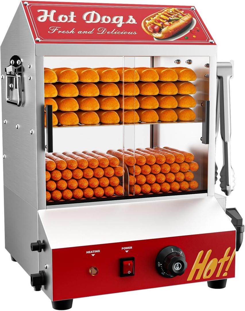 2-Tier Electric Hot Dog Steamer with Bun Warmer - 31.7QT/30L Capacity, Adjustable Temperature, Visible Glass Sliding Door, Holds 175 Hot Dogs & 40 Buns