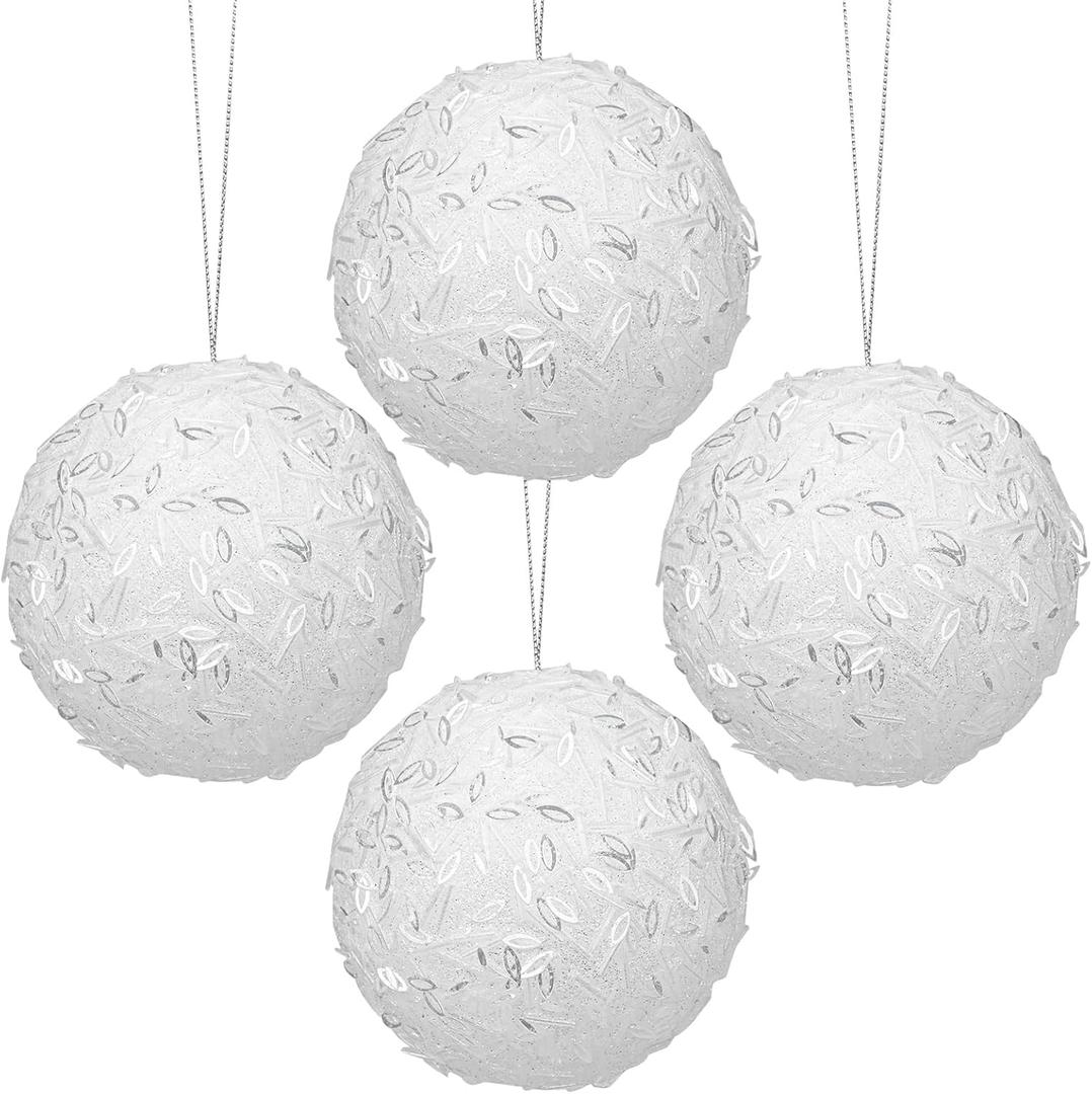 4 Pcs 4.7" Sequin Ornaments, Glitter & Sparkle Christmas Ball Ornaments - White, Hanging Balls for Indoor/Outdoor Holiday Decor
