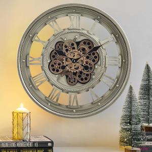 CLXEAST 24 Inch Wall Clock with Moving Gears, Oversized Large Roman Numeral Wall Clocks for Living Room Decor, Antique Champagne Finish, House Warming Gifts New Home
