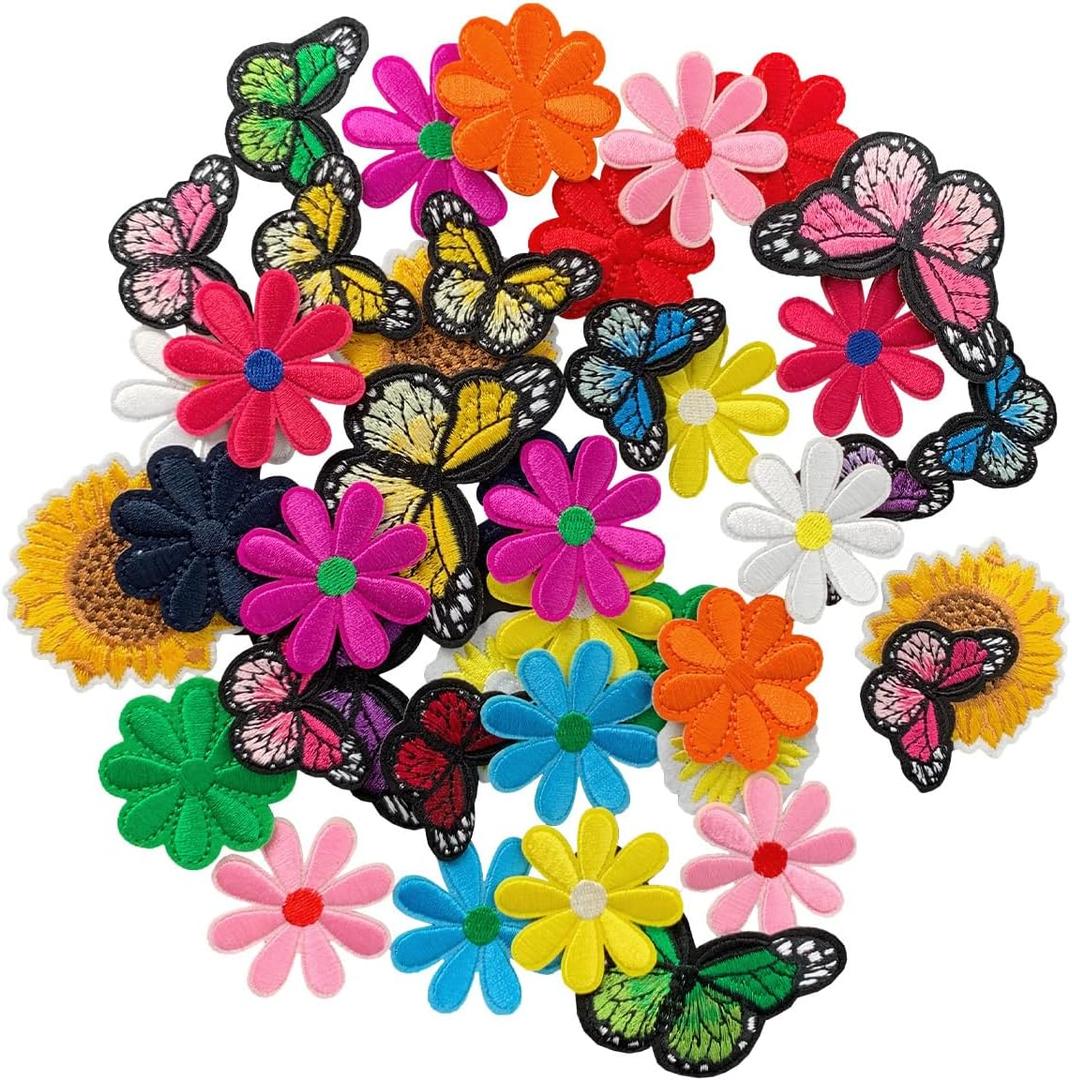 42 Pieces Colorful Flower Iron on Patch, Butterfly Embroidered Sew on/Iron on Patch Applique for Clothes, Dress, Hat, Jeans, DIY Accessories