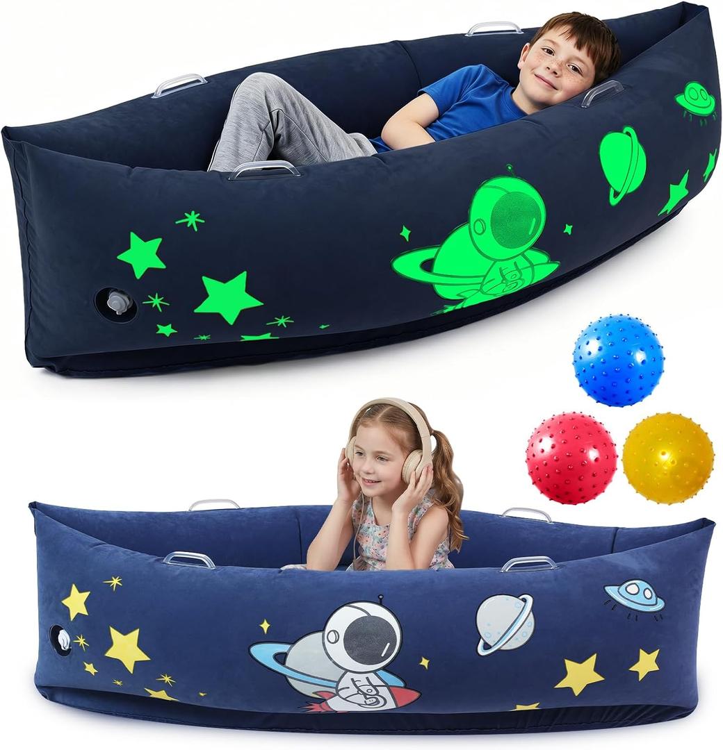 Sensory Peapod Chair for Autism ADHD Kids - 60in Inflatable Sensory Canoe with Glow in the Dark Space Pattern - Deep Pressure Calming Seat Pod for Children Sensory Seeking with 3 Sensory Balls