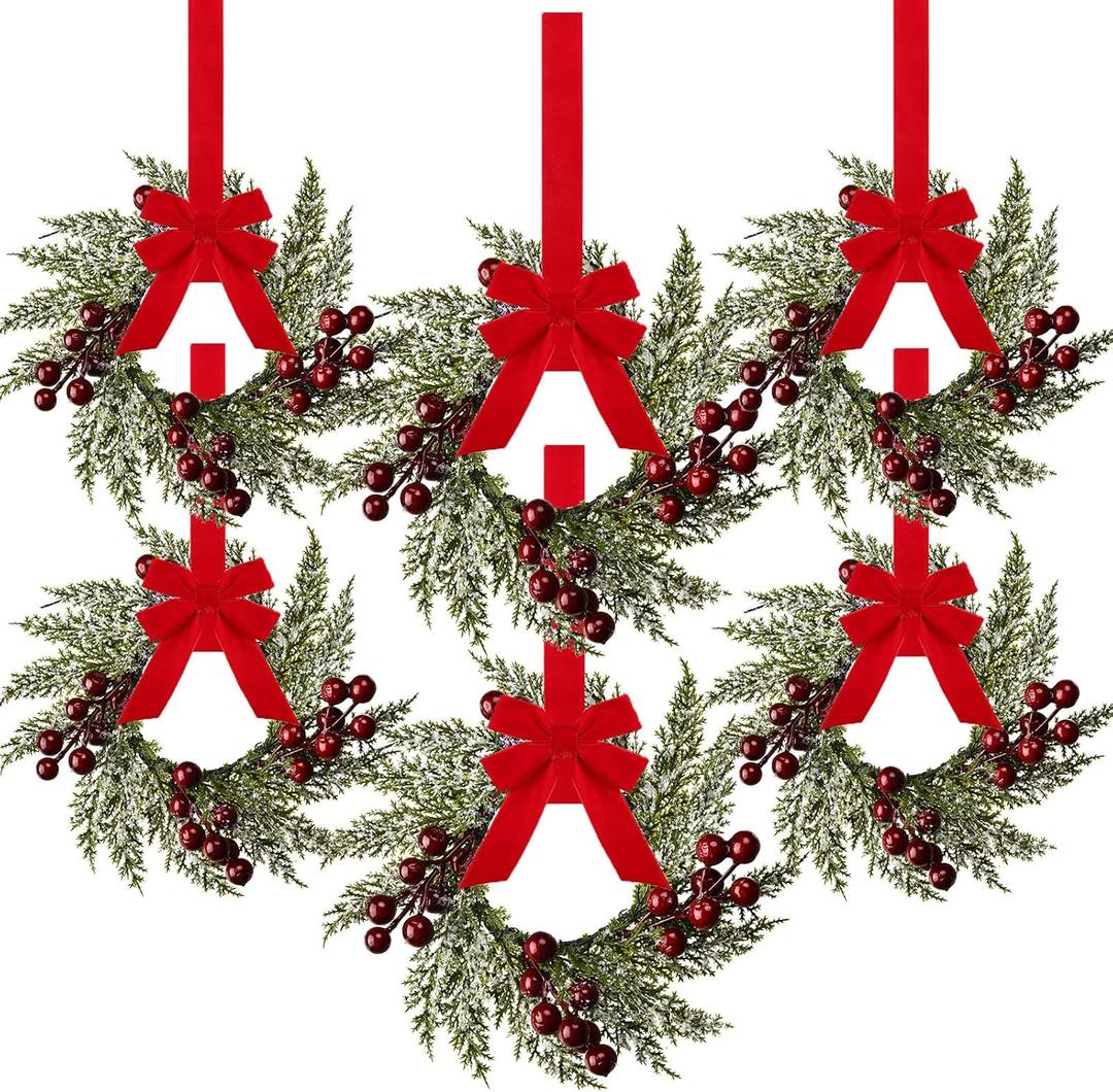 6 Pieces 8" Mini Christmas Wreaths - Small for Kitchen Cabinet/Window/Front Door, Artificial Red Berries & Pinecones, Christmas Candle Rings, Table/Farmhouse Decoration (No Ribbon)