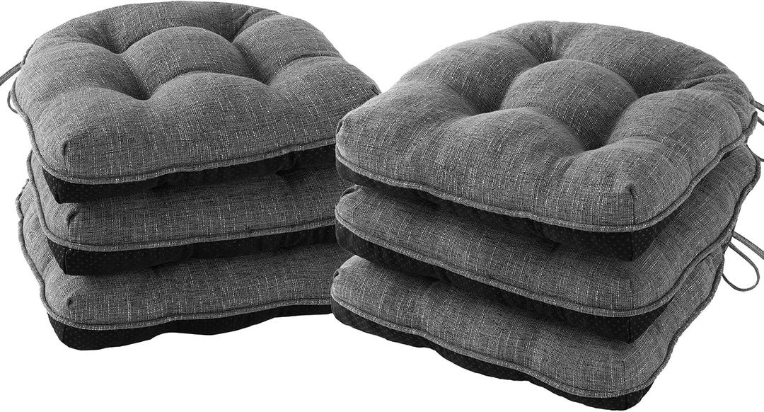 IPYNBAP Chair Cushions for Dining Chairs Set of 6, Kitchen Chair Cushions, Chair Pads with Ties and Non Slip Backing, Tufted Memory Foam Seat Cushion 6 Pack, 15.5" x 15.5" x 4", Dark Gray