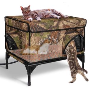 Heated Cat House for Outside Cat in Winter, Insulated Outdoor Feral Cat Shelter with Cat Heating Pad, 2 Doors,Elevated Waterproof Heated Kitty House (Camouflage, 21.5"x16.5"x18")
