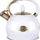 SUSTEAS Stove Top Whistling Tea Kettle - Food Grade Stainless Steel Teakettle Teapot with Cool Touch Ergonomic Handle, With 1 Silicone Pinch Mitt Included, 2.64 Quart(WHITE)