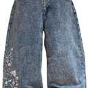 Men's Baggy Jeans Blossom Embroidery Pattern Wide Leg Y2K Jeans Mid Rise Denim Pants Streetwear (Blue, M)