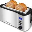 Elite Gourmet ECT4400B# Long Slot 4 Slice Toaster, Countdown Timer, 6 Toast Setting, Defrost, Cancel Function, Built-in Warming Rack, Extra Wide Slots for Bagel Waffle, Stainless Steel