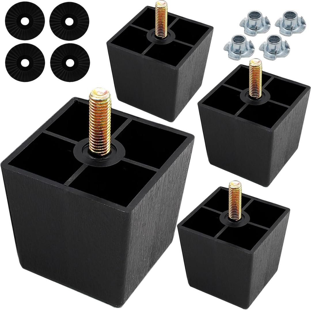 4Pcs 2 Inch Plastic Furniture Legs, Square Sofa Legs Black Couch Legs M8 Thread (Metric 8mm) Furniture Feet Cabinet Replacement Legs for Bed, Chair, Ottoman