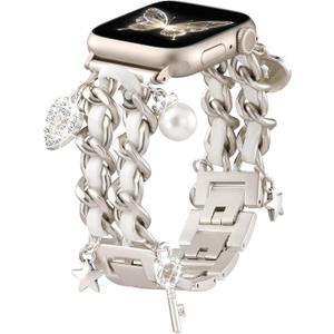 Stylish Metal Band Compatible with Apple Watch Bands for Women 40mm 38mm 41mm 44mm 42mm 45mm 46mm,Pretty Chain Strap with Apple Watch Accessories Charms for iWatch Series 11 10 9 8 7 6 5 4 3 2 1 SE (Silver Band/Key)