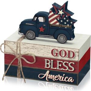 Yuntau 4 Pcs 4th of July Patriotic Table Decor 250th Anniversary Memorial Day Wooden Signs Rustic Red White Blue Books Stack Independence Day Tiered Tray Decor for Home Office Desk Shelf