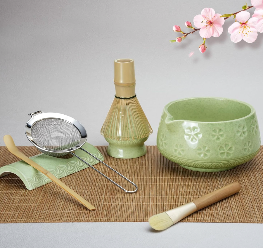 8 Pcs Matcha Whisk Set: Matcha Bowl, Whisk and Holder, Cleaning Brush, Bamboo Scoop, 304 Sifter, Tool Holder, Tea Mat – Matcha Set Kit Gifts for Women, Mom, Valentines Day (Mottled Green)