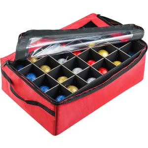 Ornament Storage Box - Zippered Lid Organizer with 48 Individual Compartments and Dividers for Christmas Bulbs and Decorations by Tiny Tim Totes (Red)