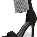 Women's High Heel Sandals Open Toe Ankle Tie Dressy Heeled Sandals for Prom, Party, Evening Events, 3.93 Inch Comfortable Thin Block Heels (Black)