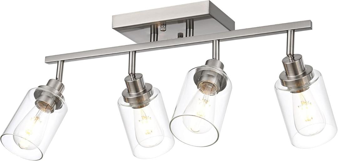 4 Light Track Lighting Fixtures Ceiling Kitchen Track Lighting Kit Brushed Nickel Bathroom Tracking Vanity Lights with Clear Glass Shade, Rotatable Spotlight for Accent Task Wall Art Hallway