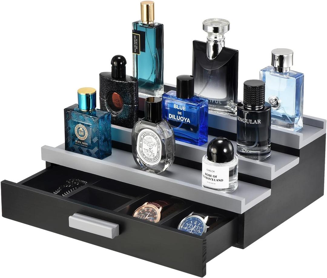 GLOKUUCA Perfume Organizer for Men, 3 Tier Wood Perfume Display Stand with Velvet Lining Drawer and Hidden Compartment for Watch,Jewelry,Perfume Display Risers,A Gift for Men (Black+Gray)