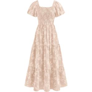 PRETTYGARDEN Women's 2026 Summer Boho Maxi Dresses Floral Short Sleeve Square Neck Smocked Flowy Long Dress Vacation Outfits, Large