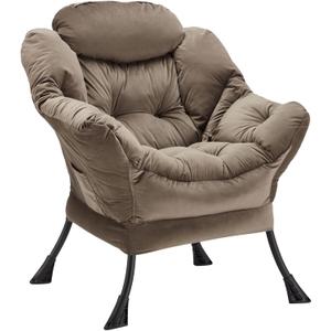 Lazy Chair Thick Padded, Accent Chair Velvet Upholstered with Wide Seat, Stable Metal Frame and Non-Slip Pad, Modern Sofa Armchair with Side Storage Bag for Dorm, Room, Office, Dark Gray