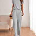 Women's Casual Two Piece Set Crewneck Short Sleeve Ribbed Knit Tops Wide Leg Lounge Outfits (Gray, S)