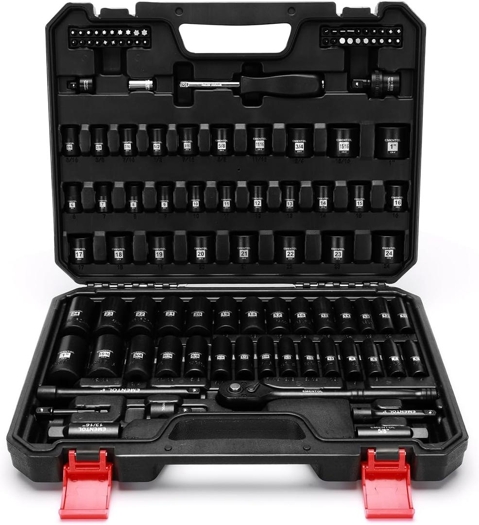EMENTOL 109-Piece 3/8" Drive Socket Set, SAE (5/16"-15/16") & Metric (6mm-24mm), Deep & Shallow, with Ratchet Wrench, Extension Bars, Spark Plug Sockets, Universal Joint, Power Drill Adapter, Bits