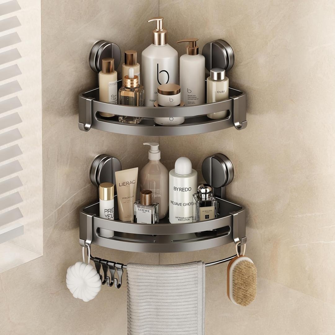 VOLPONE Shower Caddy Suction Cup, 2 Pack Corner Shower Shelves No Drilling, Showers Organizer Storage with Towel Bar & Removable Hooks, Bathroom Shower Shelf Rack for Inside Showers, Triangle