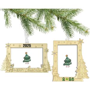 2025 Christmas Tree Ornaments Set - Made of Zinc Alloy Glitter Powder Pendant 2x3 3x2 Inch Picture Frame Ornament for Pet and Baby Holiday Keepsake Gift (Christmas, Golden)