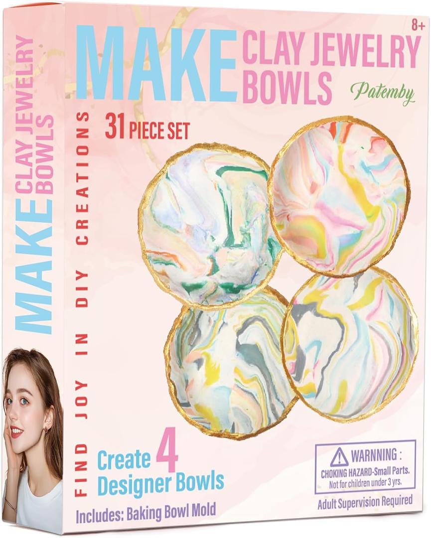 Make Your Own Clay Jewelry Bowls Arts and Crafts Kit for Teen Girl, DIY Clay Jewelry Dish Kit, Polymer Clay Crafts for Girls, Fun Birthday Gift for Teens Girls Kids Ages 8 9 10 11 12 Years Old (Multi-Color)