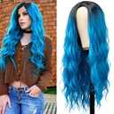 Kaneles Blue Wigs for Women Ombre Long Blue Fluffy Curly Wavy Colorful Wigs for Daily Party Halloween Cosplay