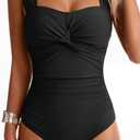 Womens One Piece Swimsuits Tummy Control Twist Front Bathing Suits Full Coverage Swimsuit Wide Straps Swimwear (Black, L)
