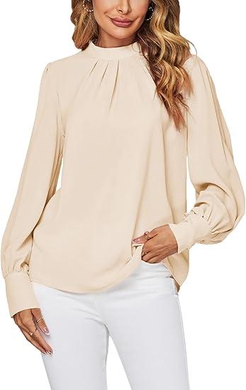 LYANER Women's Mock Neck Pleated Solid Long Sleeve Blouse Office Shirt Top (Medium, Beige)