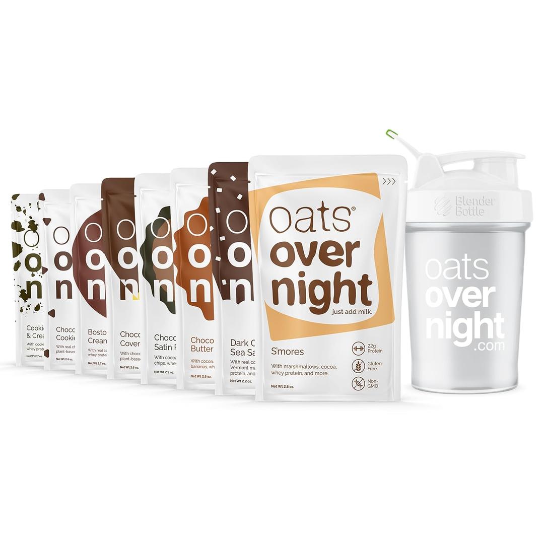 Oats Overnight Chocolate Variety Pack - High Protein, High Fiber Breakfast Protein Shake - Gluten Free, Non GMO Protein Oatmeal - Smores, Dark Chocolate Sea Salt & More (8 Pack + BlenderBottle) (2.6 Ounce (Pack of 9))