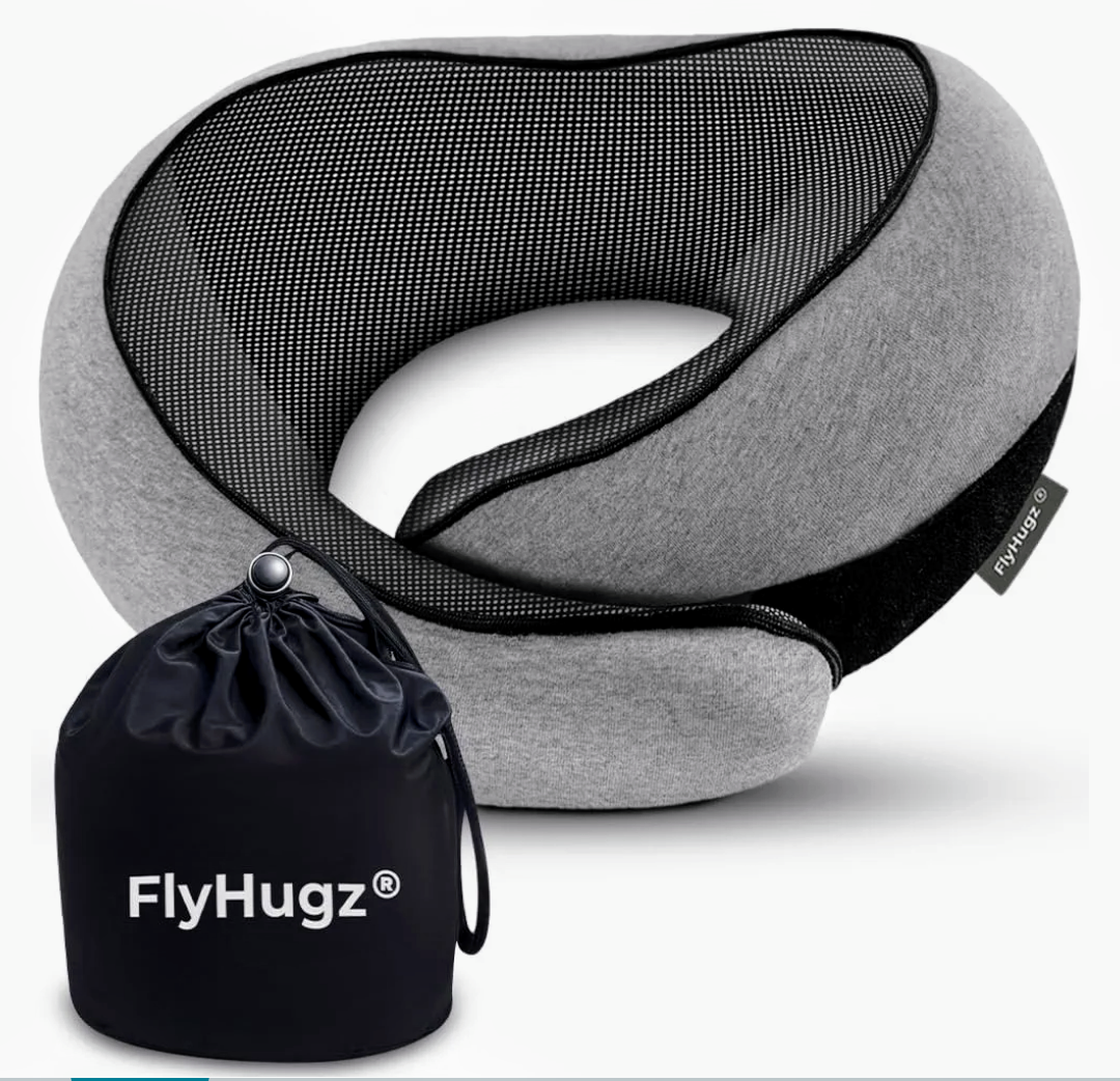 FlyHugz® Neck Travel Pillow | Memory Foam Neck Pillow for Comfort on Airplane | Compact and Ergonomic Design for Travel, Car Rides, and Home Use | Ideal for Adults and Kids