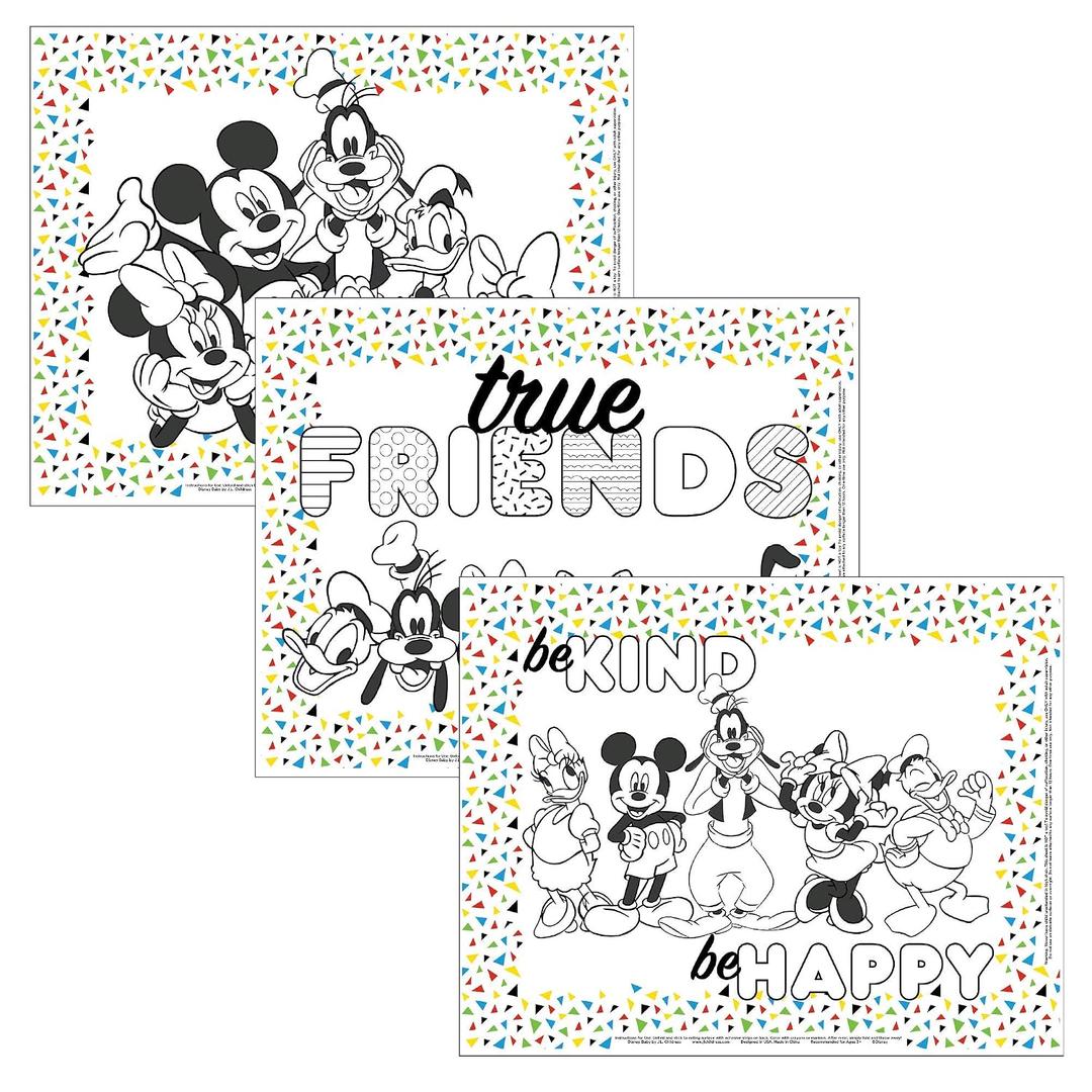 Disney Baby by J.L. Childress ColorMe Disposable Placemats - Stick on Disposable Placemats for Baby, Toddlers, & Kids, Travel Coloring Activities, Sticky Child Table Mat - 24 Pack, Mickey & Friends