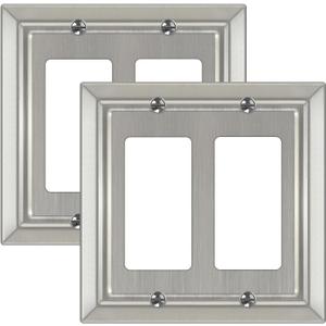 Metal Wall Plate for Electrical Outlets, Decorative Brushed Nickel Switch Plates Outlet Cover, Light Switch Cover Plate, 2-Gang Wall Plates (Double Decorator, 2 Pack)