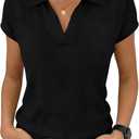 Saodimallsu Womens Short Sleeve Sweater Tops Solid Lapel V Neck Knit Shirt Summer Casual Basic Pullover (Black, S)