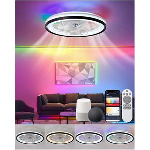 18.9" Modern Smart Ceiling Fan with Light and Remote Control,Flush Mount Low Profile Dimmable Ceiling Fan,Stepless Dimming Light and 6 Speeds Fan for Bedroom Works with Alexa Google-826 Black