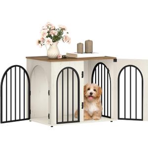 Hzuaneri 26.8'' Wooden Dog Crate Furniture, Indoor Dog Kennel Dogs Cage for Small Dogs, Heavy Duty Dog Crates Decorative Pet House End Side Table TV Stand, White Brown DFC85514B