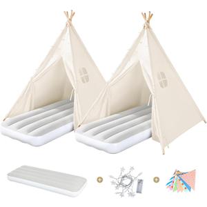 Sumbababy 2 Pack Teepee Tent for Kids Slumber Party - Sleepover Tents with Inflatable Airbeds, Natural Canvas Play Tent Indoor, Washable Fabric, Lights & Colorful Flags