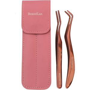 Eyelash Applicator Tweezers 2 PCS Tool for False Eyelash Application & Lash Extensions, Mistake-Proof Lash Placement Tweezers for Professional and DIY Use, with Pink Leather case