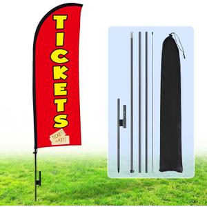 Buryeah 15 ft Tickets Swooper Flag Kit Tickets Feather Banner for Outdoor with Flagpole Ground Stake and Portable Bag Windless Feather Banner Signs for Events (Red)