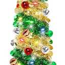 5 Ft Pop Up Tinsel Christmas Tree with Timer 60 Warm Multi Color Change Lights 25 Ball Ornaments 4 Modes 3D Star Battery Operated Artificial Xmas Tree Home Indoor Outdoor Decor (Green Gold)