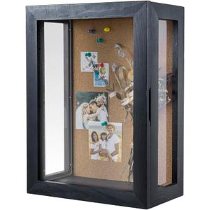 MyGift Deep Shadow Box Frame 11x15 Inch, Wall Mounted Display Case for Flowers, Picture, Vintage Coal Black Finish and Cork Backing, Solid Wood, Clear Acrylic Panels, Hinged Door Magnetic Closure