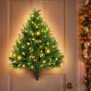 2FT Wall Hanging Christmas Tree with Led Lights, Pre lit Norfolk Pine Artificial Flat Wall Christmas Tree for Apartment, Cat Owners Xmas Decor
