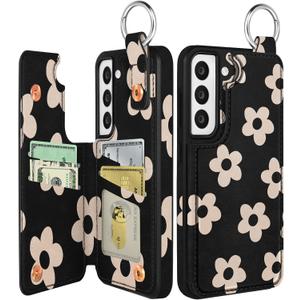 Shorogyt for Samsung S21 Plus Wallet Case with Card Holder - Cute Designer Black Flower Pattern Kickstand Magnetic Clasp Back Flip Folio Leather Phone Cases for Women Men Girls for Galaxy S21 Plus
