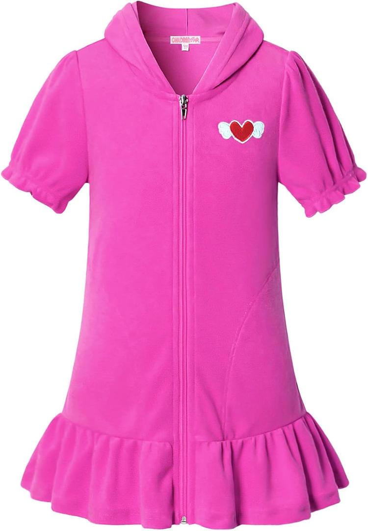 CHILDRENSTAR Girls Swim Coverups Terry Swimsuit Cover-Up Hooded Zip-Up Beach Robe (8-9 Years, Pink 21)