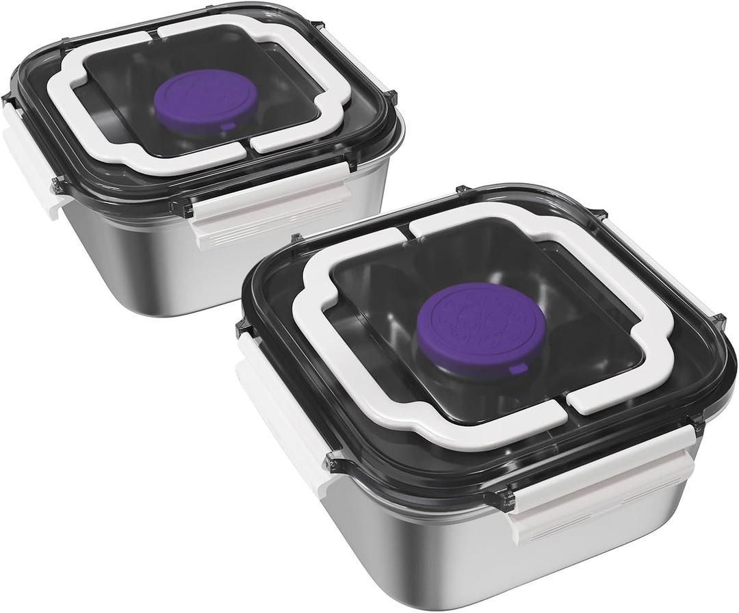 Set of 2 Salad Container for Lunch Large-60-oz Salad Bowl with Lid,3 Compartment Bento-Style Tray and 1.5-oz Salad Dressings Container,Stainless Steel container with Lids, Lunch Box, Bento BoxWhite