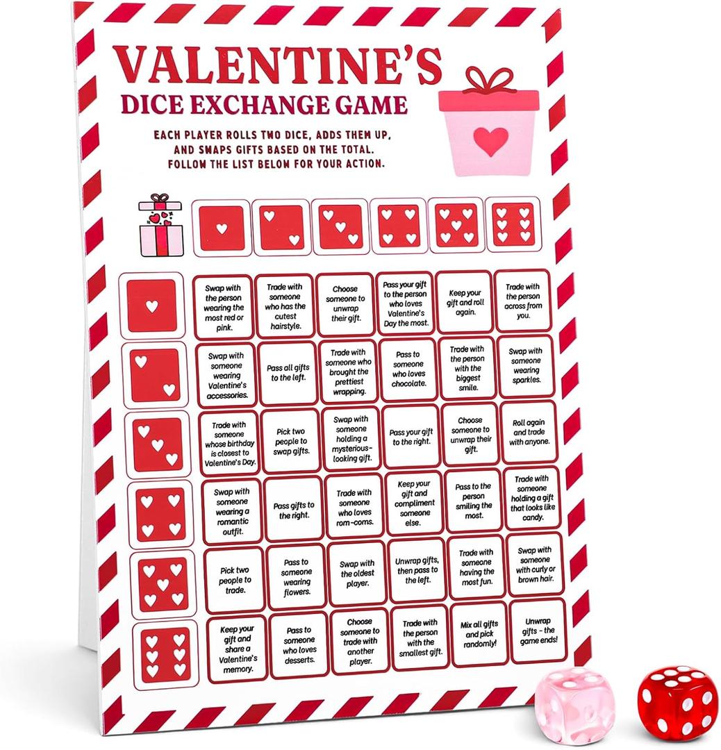 2 x Lewtemi Valentine Exchange Dice Game, Galentine's Day One Instruction Standing Sign with 2 Dice Galentine Activities The Girl's Night Party Favors Friend Valentines Gifts for Women